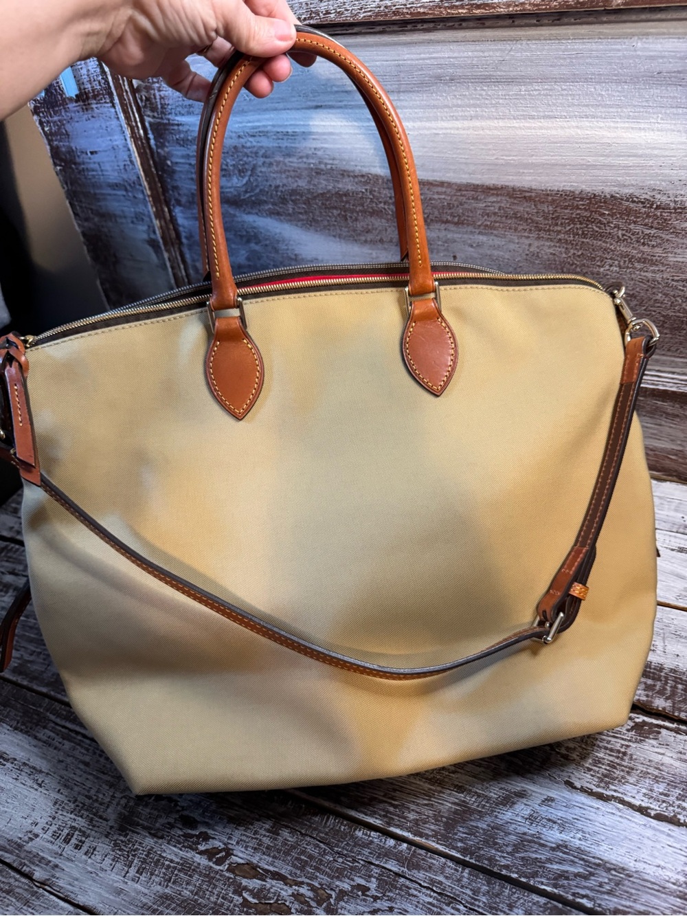 Dooney & Bourke Tan Canvas Satchel with Brown Leather Handles - Picture 5 of 15